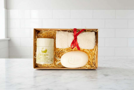 Eco Bath London Bath Set featuring natural soap, body scrub and soft towel in a gift box