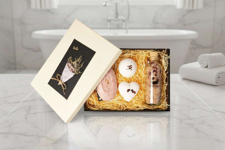 Eco Bath London Bath Set in a gift box with bath bombs, salts, and a soap bar for a relaxing experience