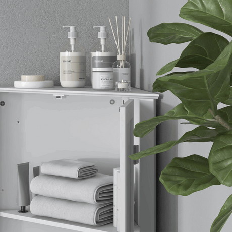 Corner Bathroom Cabinet, Recessed Doors and Adjustable Shelf, White Unbranded