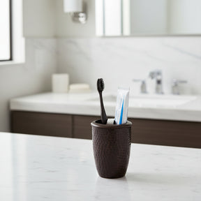 Orsina Toothbrush Holder in Dark Brown with Toothbrush and Toothpaste for Bathroom Organisation