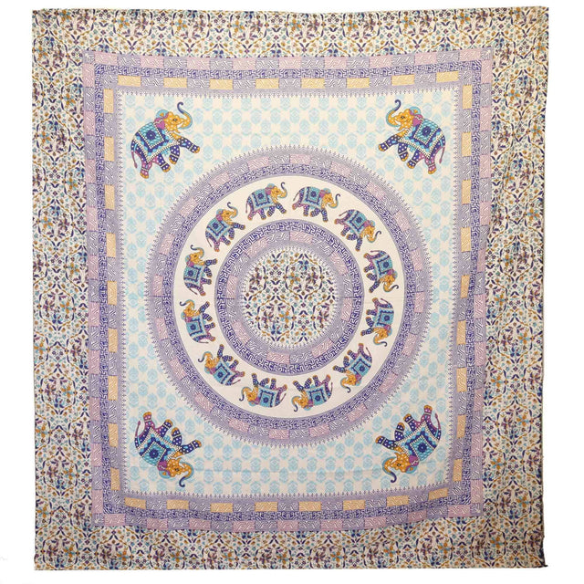 Wall Hanging and Beach Spread - Elephant Mandala - Turquoise Blue on Cream AW Dropship UK