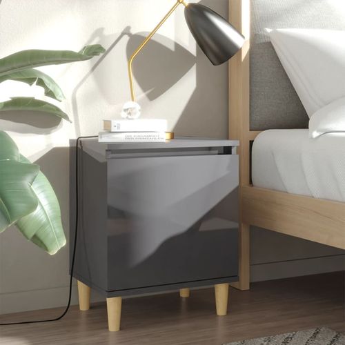 vidaXL Bed Cabinet with Solid Wood Legs Smoked Oak 40x30x50 cm high gloss grey vidaXL
