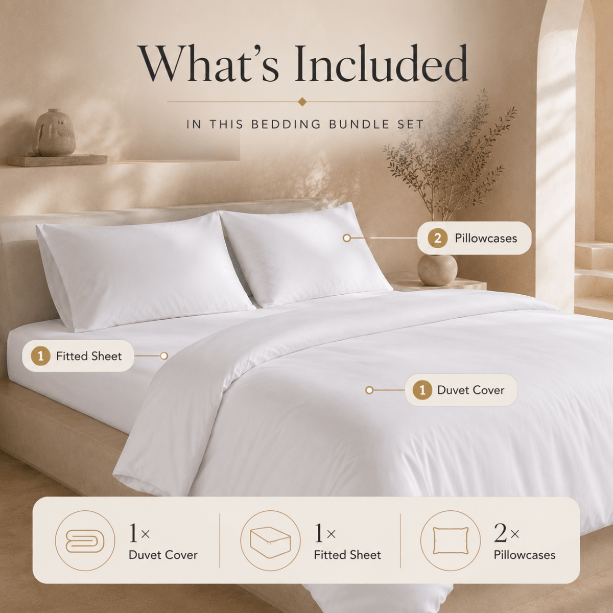 SHEET STORY Bedding Set including duvet cover, fitted sheet, and two pillowcases displayed on a minimalist bed