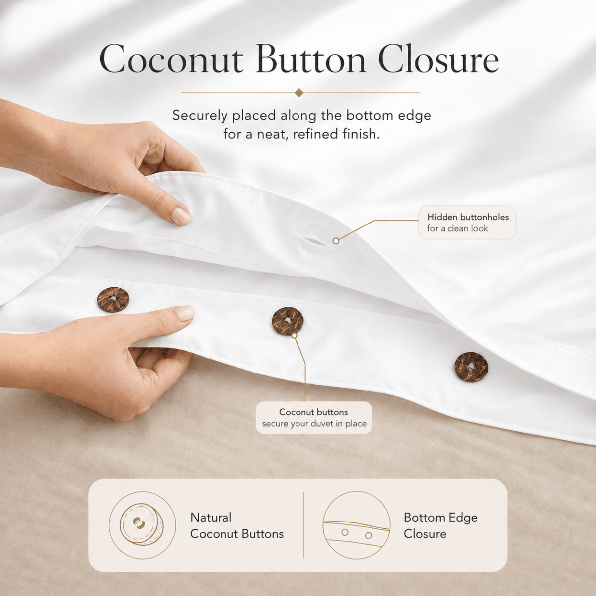 Close-up of SHEET STORY bedding set with coconut button closure and detailed stitching for a neat finish