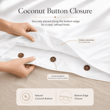 Close-up of SHEET STORY bedding set with coconut button closure and detailed stitching for a neat finish