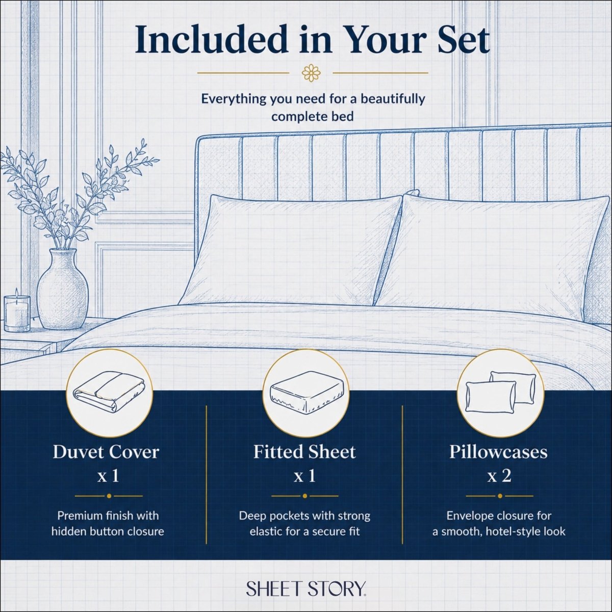 Complete Bedding Set by SHEET STORY featuring duvet cover, fitted sheet and two pillowcases