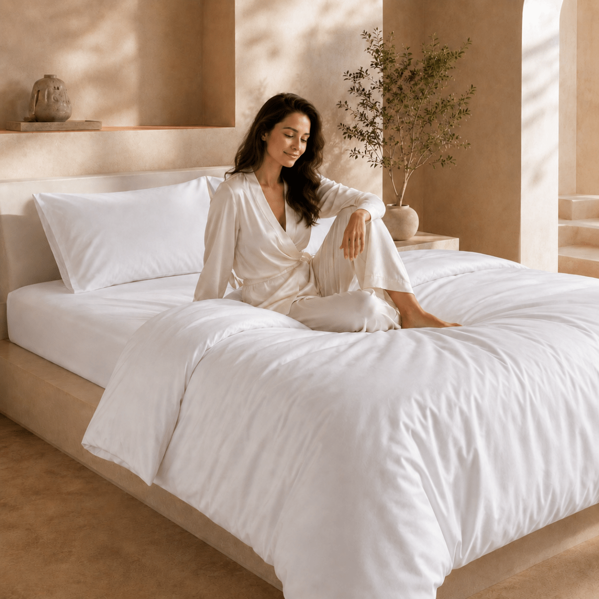 SHEET STORY Bedding Set featuring soft white fabric on a modern bed with a woman lounging comfortably