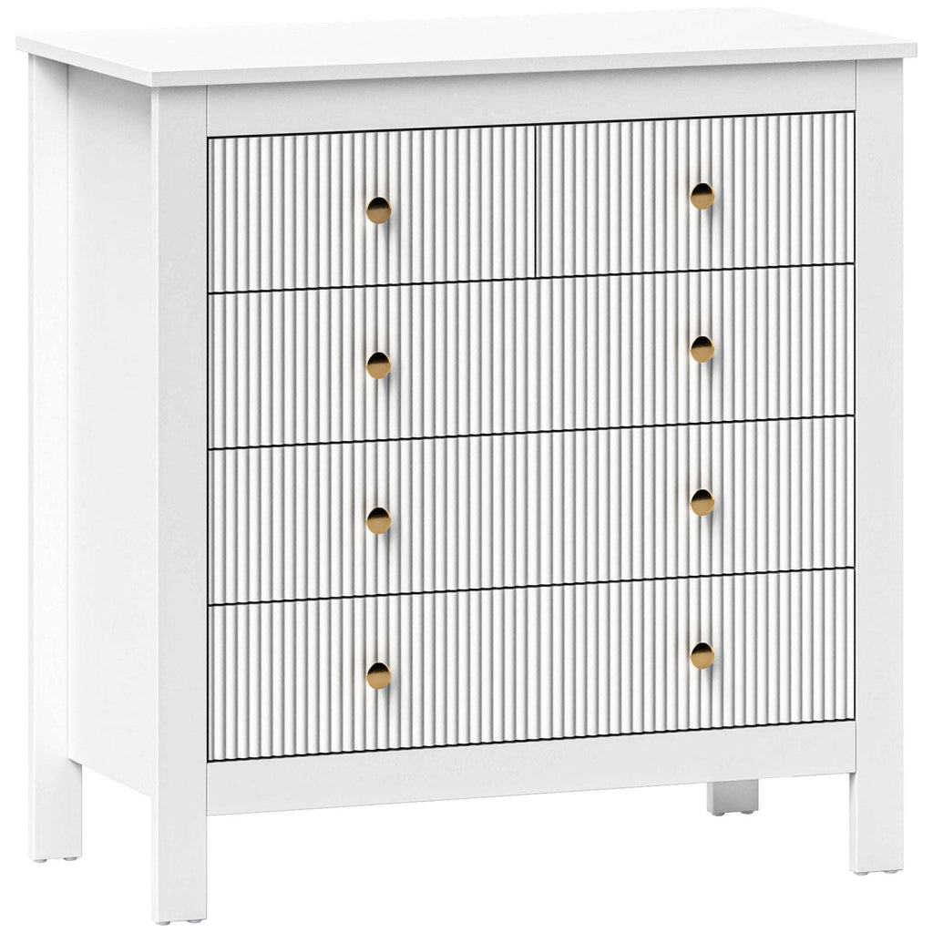 HOMCOM Fluted Bedroom Chest of Drawers With 5 Drawers Gold Tone Handles White HOMCOM