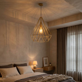 Orsina Pendant Light in geometric design hanging in a modern bedroom with soft lighting