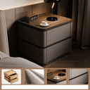 Klassyx Bedside Cabinet with two drawers and a wooden top, featuring a stylish lamp and decorative clock