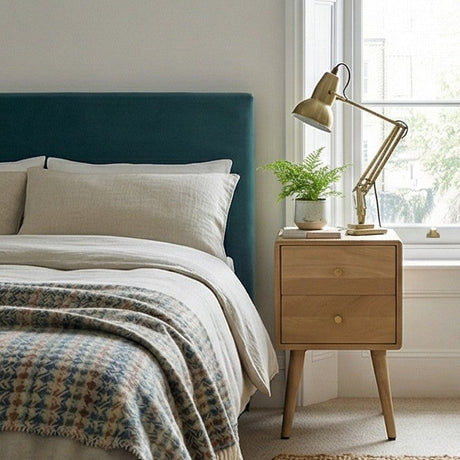 Fishe and Lilly wooden bedside table featuring two storage drawers in a stylish bedroom decor