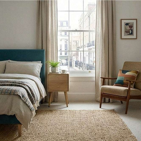 Fishe and Lilly bedside table with rounded edges next to bed in a modern bedroom setting