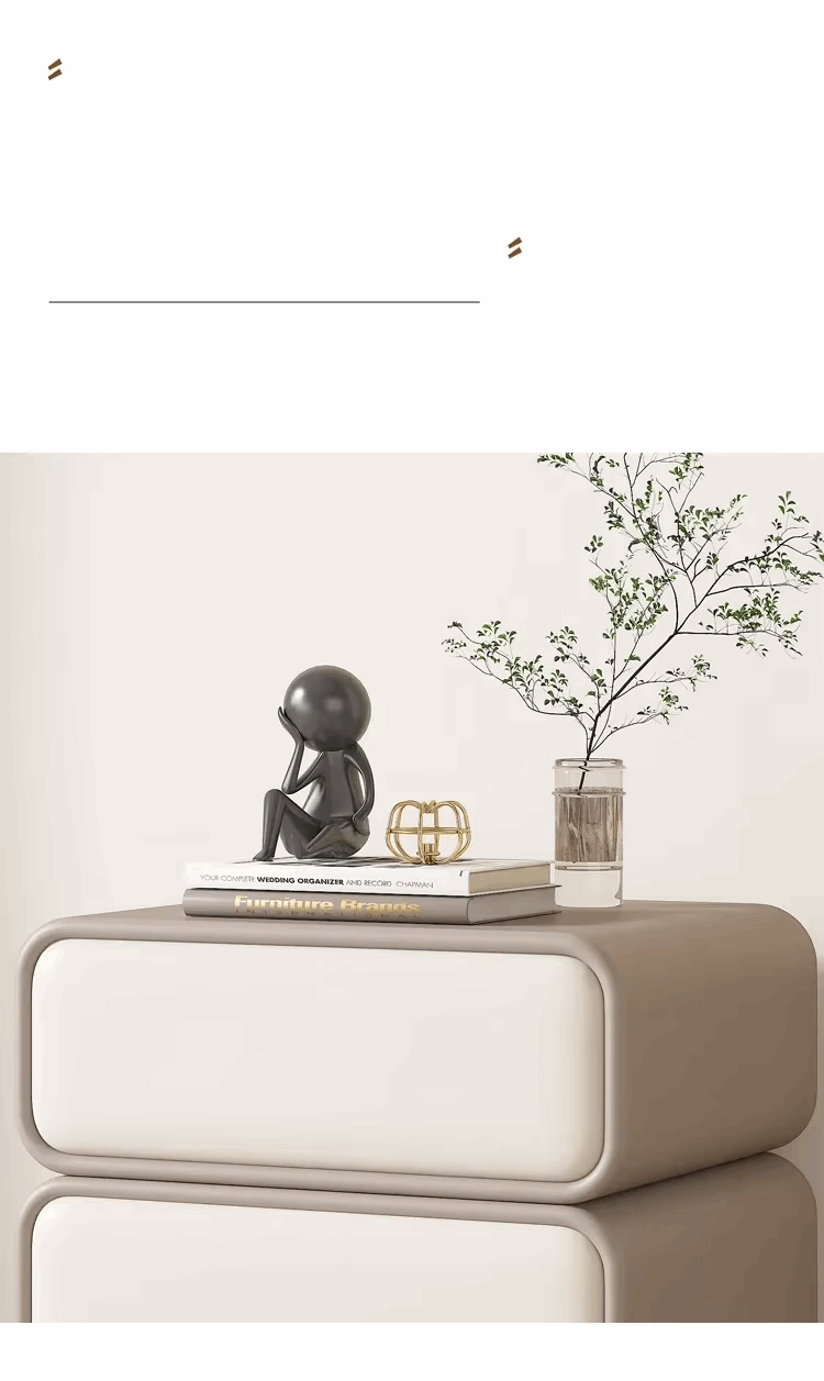 Klassyx modern bedside table with smooth surface, decorative figurine, and vase with plant