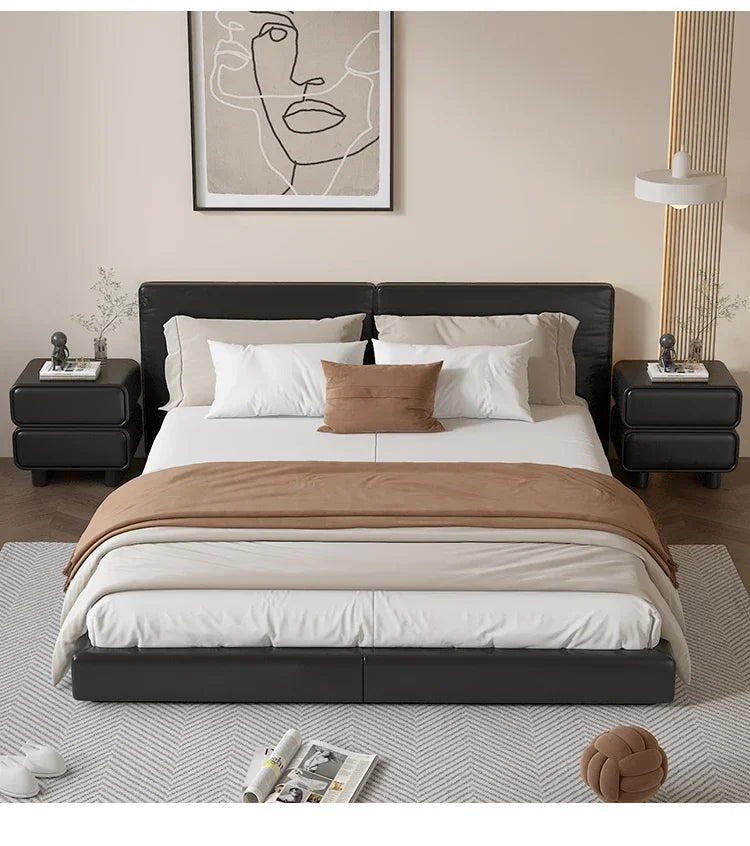 Modern Klassyx Bedside Table in black with sleek design next to plush bed and minimalist decor