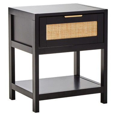 Orsina Black Bedside Table with Rattan Drawer and Open Shelf for Stylish Bedroom Storage