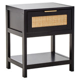 Orsina Black Bedside Table with Rattan Drawer and Open Shelf for Stylish Bedroom Storage