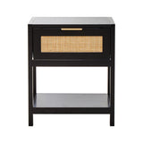 Orsina Bedside Table in black with rattan drawer and lower shelf for stylish bedroom storage