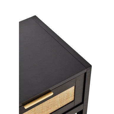 Orsina Bedside Table with a sleek black finish and rattan drawer front for a modern touch