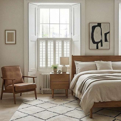 Fishe and Lilly bedside table in a minimalist bedroom with natural light and neutral colours