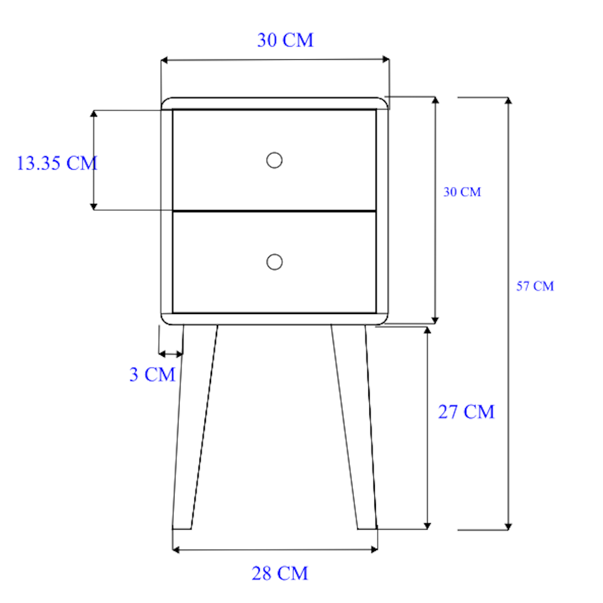 Fishe and Lilly Bedside Table with two drawers and wooden legs, perfect for bedroom storage