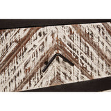 Close-up of Orsina Bedside Table drawer featuring a rustic chevron pattern and black handle