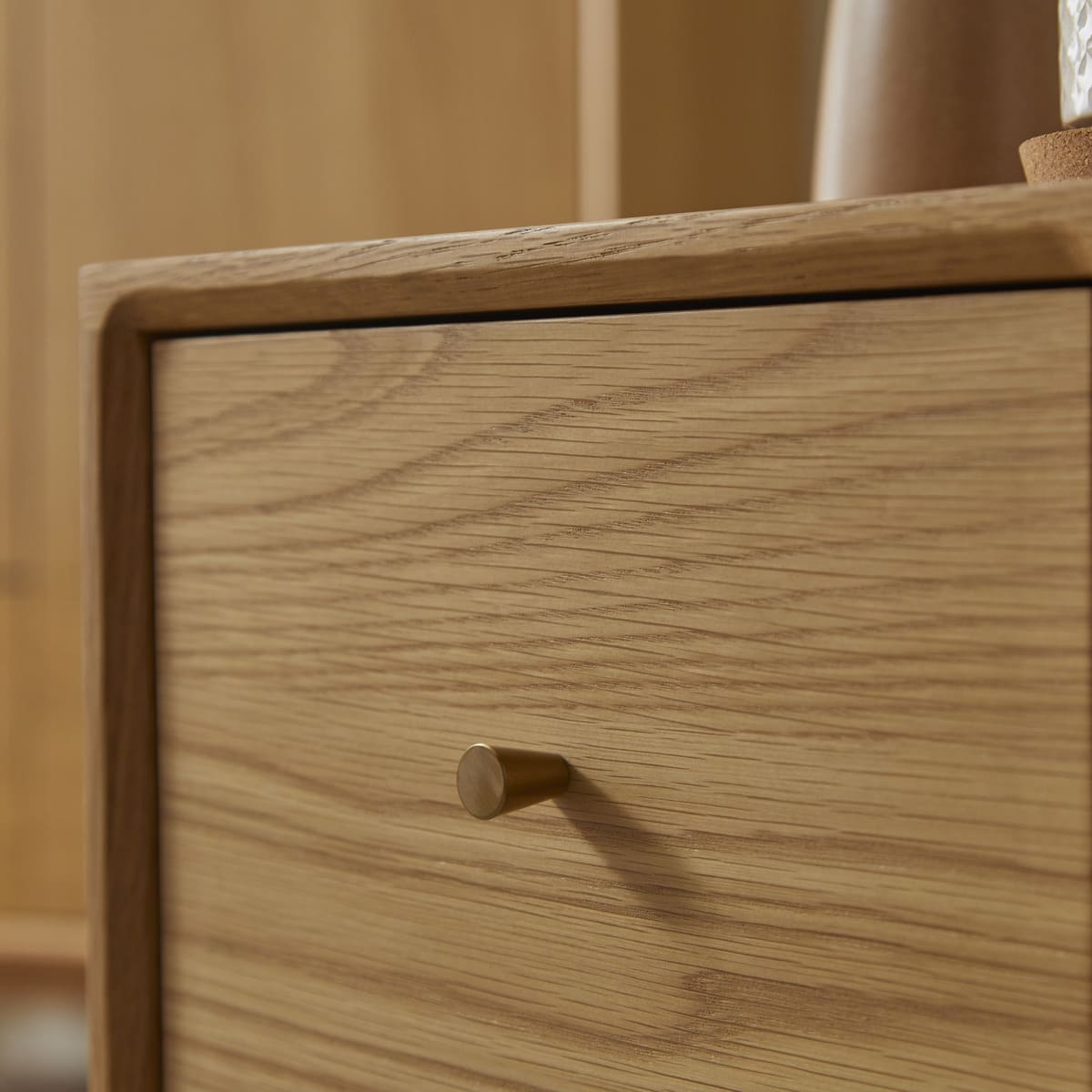 Fishe and Lilly Bedside Table with a Warm Wooden Finish and Minimalist Drawer Handle