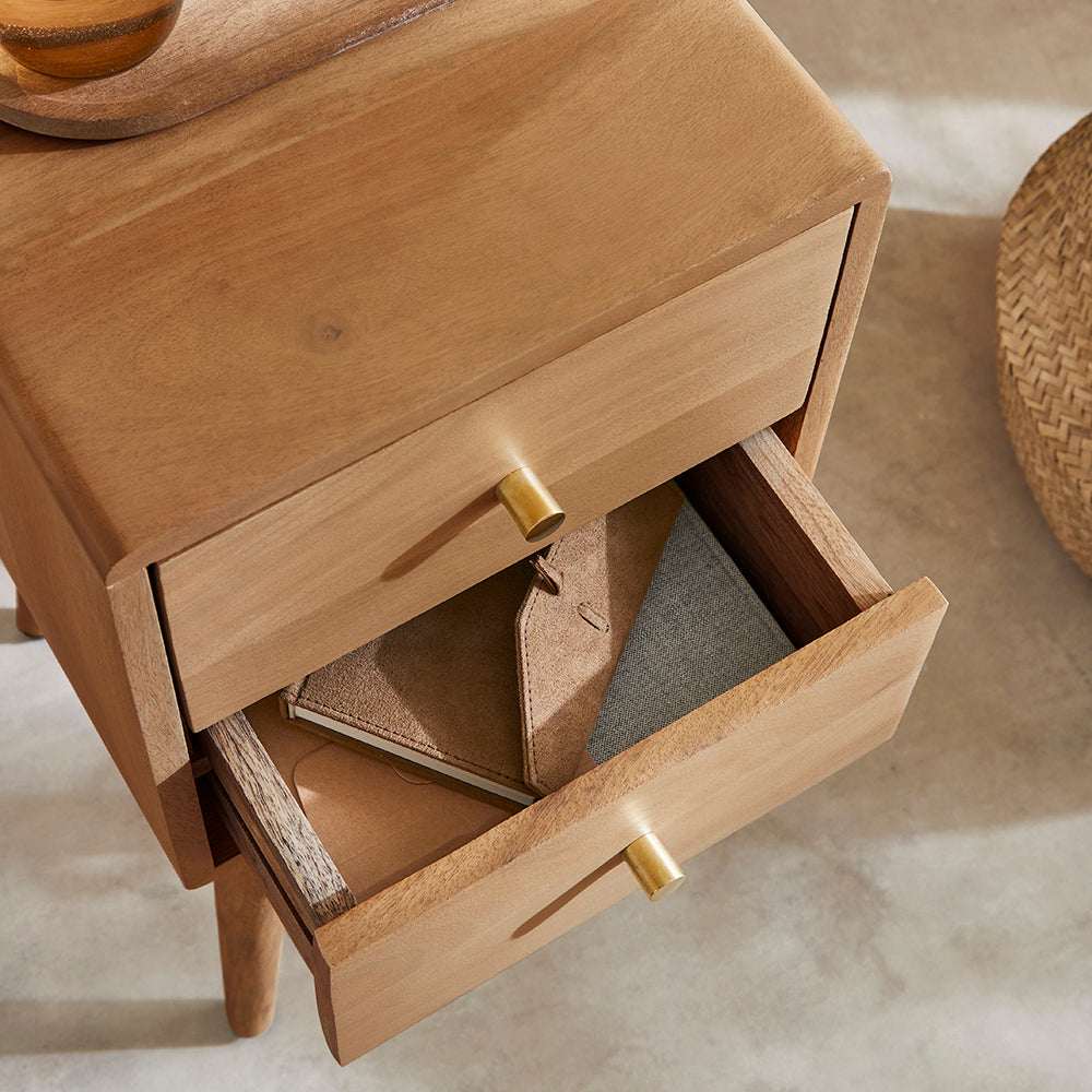 Fishe and Lilly Bedside Table with Two Drawers and Natural Wood Finish for Stylish Bedroom Storage