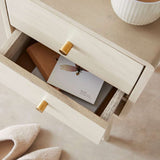Fishe and Lilly bedside table with two drawers displaying a card and notebook inside