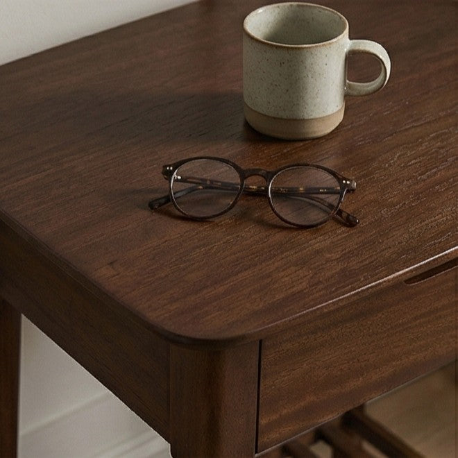 Fishe and Lilly Bedside Table in Wood with a Cup and Glasses on Top for Bedroom Styling