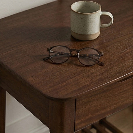 Fishe and Lilly Bedside Table in Wood with a Cup and Glasses on Top for Bedroom Styling