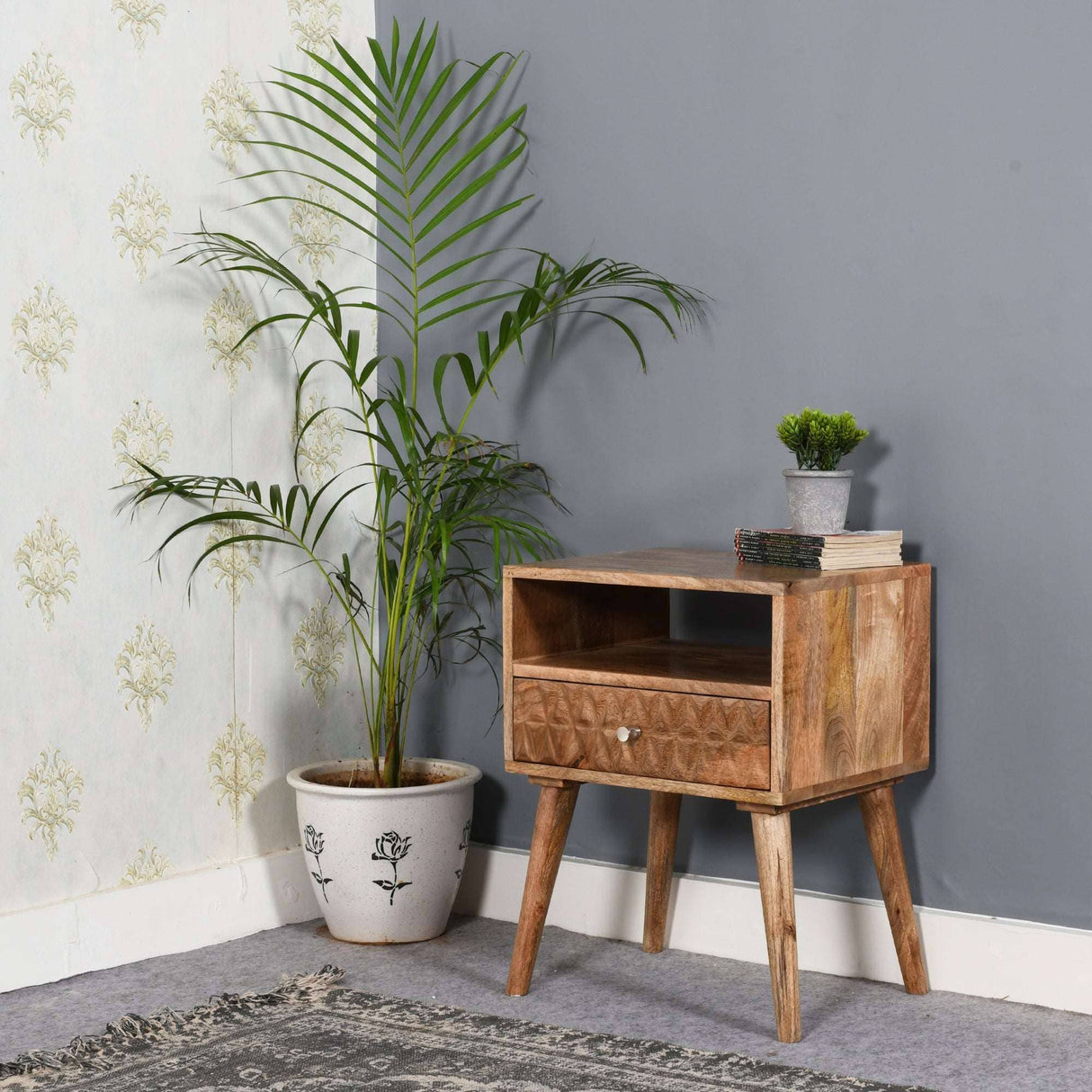 Marlow Light Mango Wood Bedside Table with 1 Drawer & Open Slot Verty Furniture