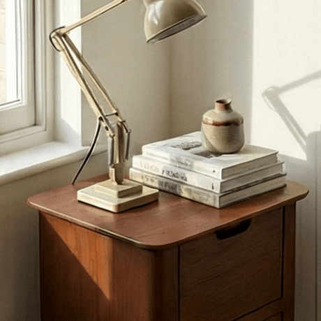 Fishe and Lilly Bedside Table with a stylish lampshade and decorative books for modern interiors