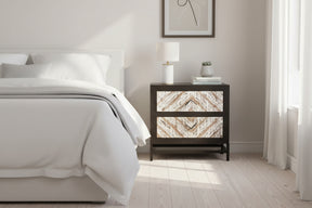 Orsina Bedside Table with two drawers and modern design in a softly lit bedroom