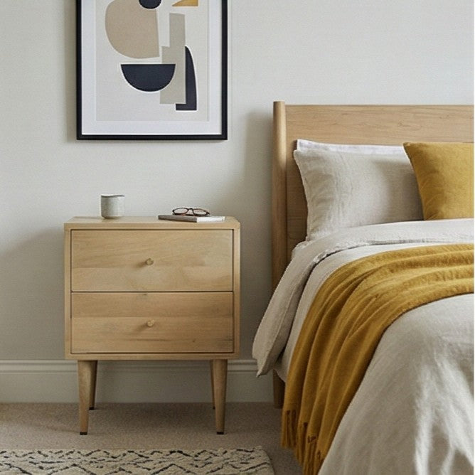 Fishe and Lilly Wooden Bedside Table with Two Drawers in a Minimalist Bedroom Setting