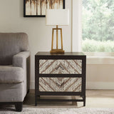 Orsina Bedside Table with Two Drawers and Decorative Wood Pattern in Modern Living Room