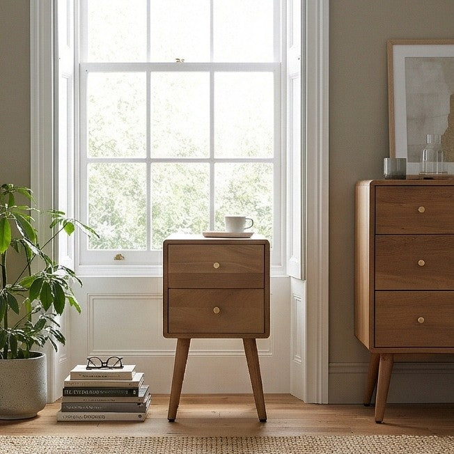 Fishe and Lilly wooden bedside table with two drawers, perfect for modern bedrooms