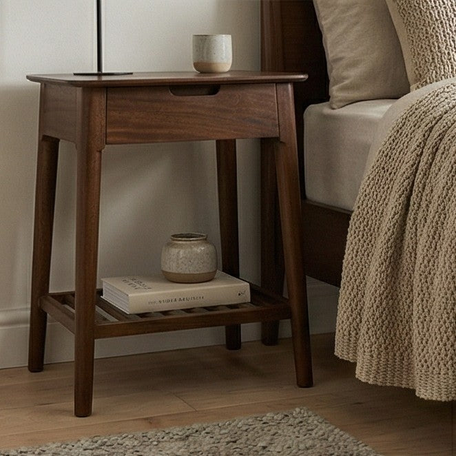 Fishe and Lilly Bedside Table in dark wood with a drawer and open shelf for storage
