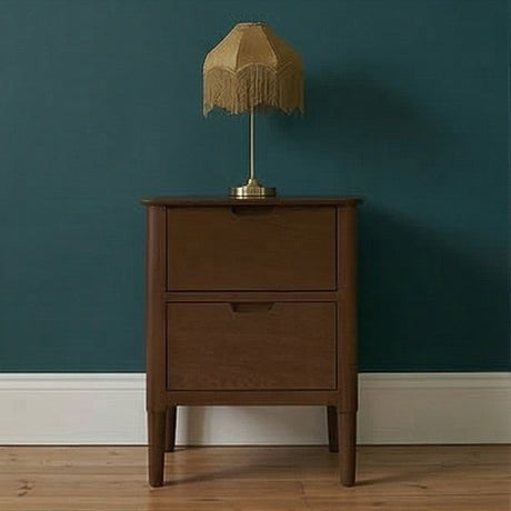 Fishe and Lilly Bedside Table in wood with two drawers and a vintage lamp on top