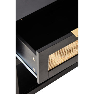 Orsina Bedside Table featuring a sleek black finish and a woven rattan drawer front