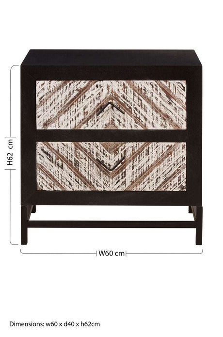 Orsina Bedside Table with Two Drawers and Chevron Pattern in Dark Wood Finish