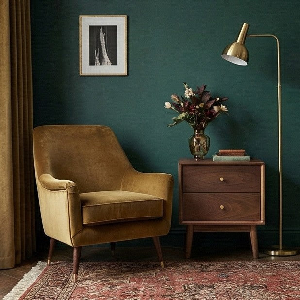 Stylish Fishe and Lilly bedside table in a modern living room setting with a floral vase and lamp