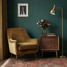 Stylish Fishe and Lilly bedside table in a modern living room setting with a floral vase and lamp