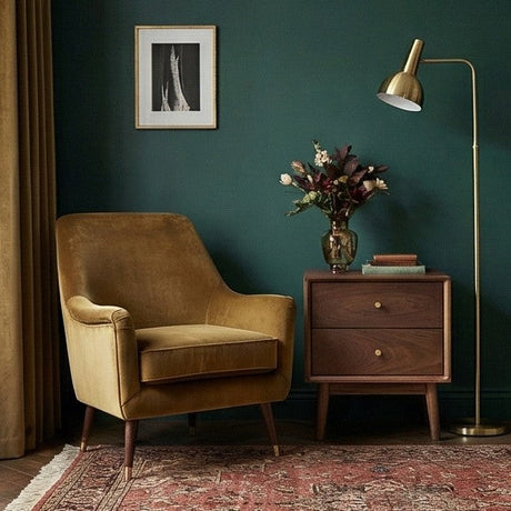 Stylish Fishe and Lilly bedside table in a modern living room setting with a floral vase and lamp