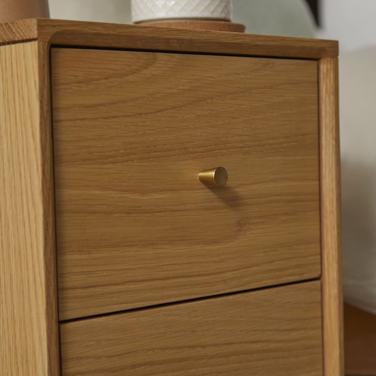 Fishe and Lilly Bedside Table in natural wood finish with two drawers for storage