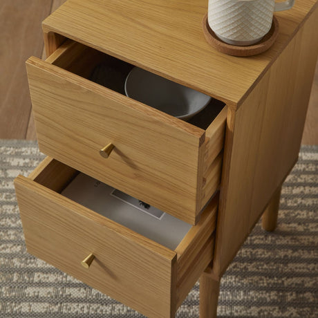 Fishe and Lilly Bedside Table in natural wood with two drawers for stylish bedroom storage