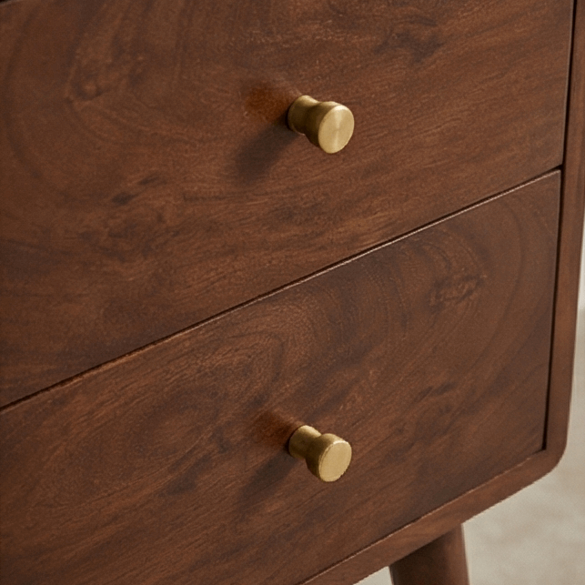 Fishe and Lilly wooden bedside table with two drawers and stylish brass knobs