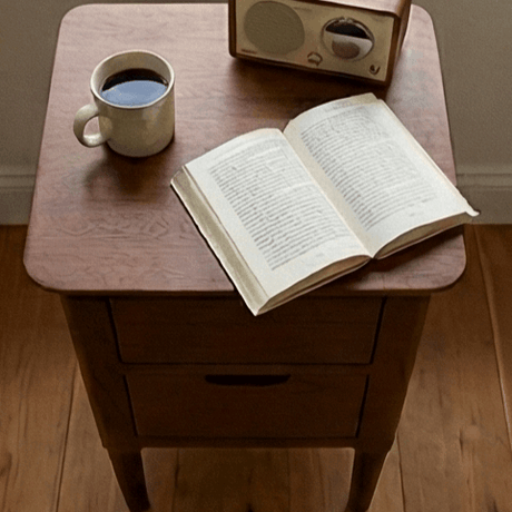 Fishe and Lilly Bedside Table in natural wood with an open book and coffee cup on top