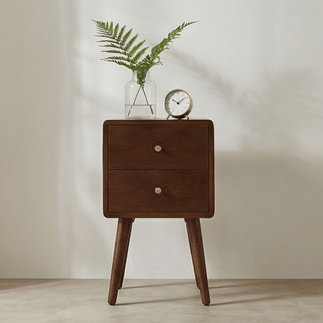 Fishe and Lilly Bedside Table in Dark Wood with Two Drawers and Stylish Clock Accent