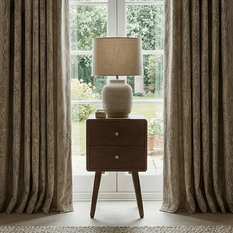 Fishe and Lilly stylish bedside table with two drawers and a lamp, placed beside a window