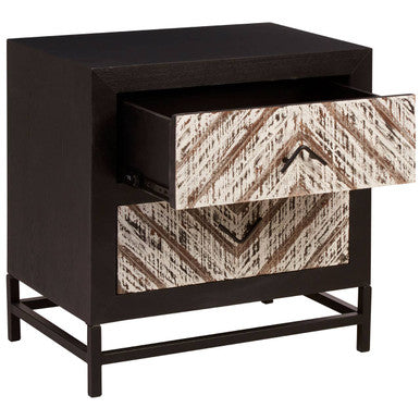 Orsina Bedside Table in Black with Chevron-Patterned Drawer for Stylish Bedroom Storage